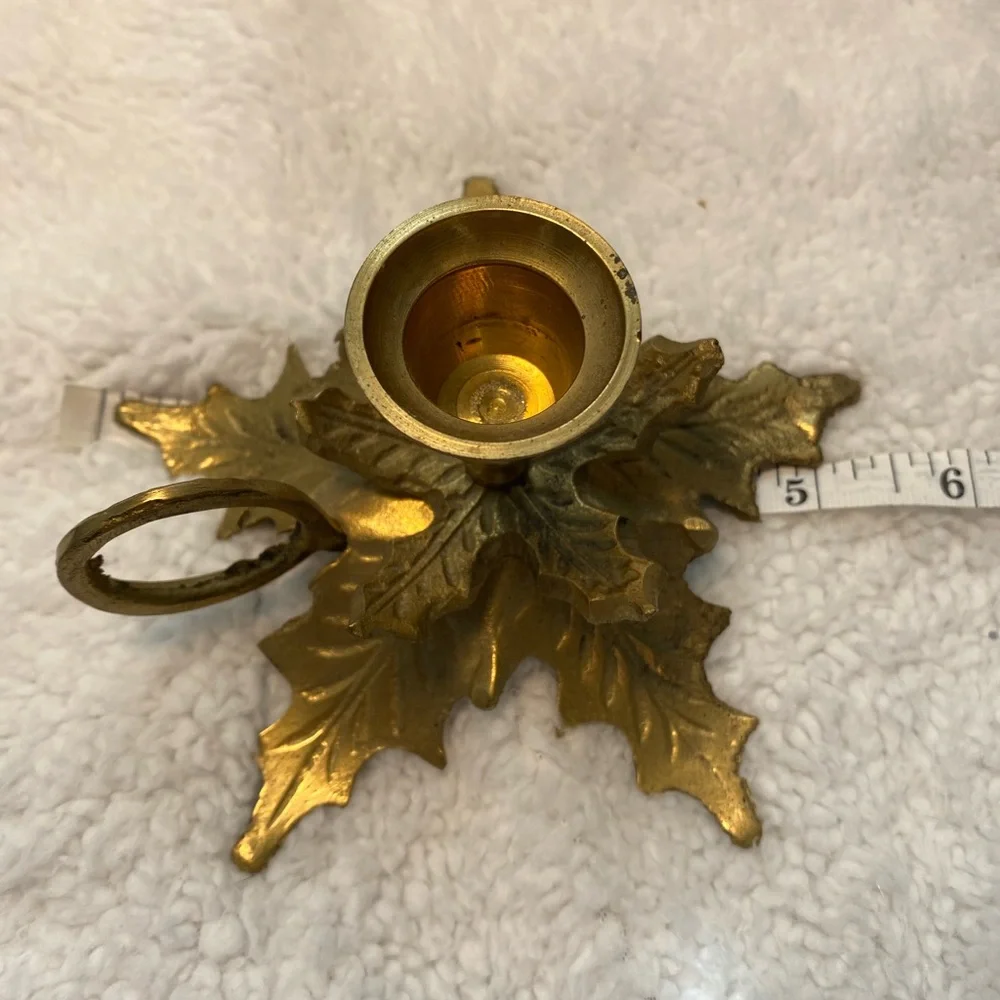 Set of Two Vintage Solid Brass Holly Leaf Candlestick Holders
